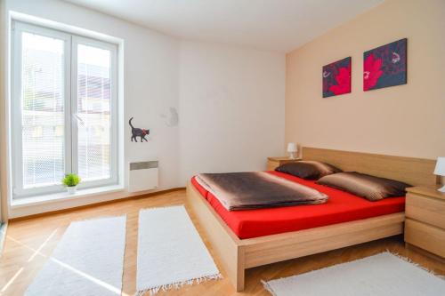 een slaapkamer met een rood bed en een raam bij Apartman U Kostela in Deštné v Orlických horách