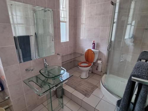 a bathroom with a toilet and a sink and a shower at Walk frm Mandela Square, Sandton City and Gautrain in Johannesburg