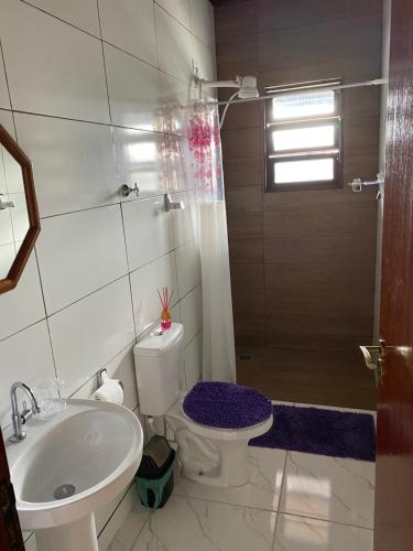 uma casa de banho com um WC, um lavatório e um chuveiro em Apartamento área central em Ubatuba