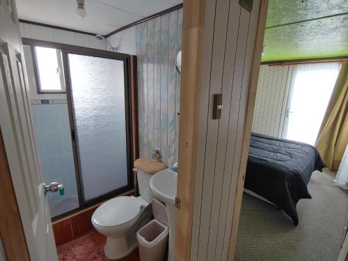 a small bathroom with a toilet and a bed at Catema in Coihaique