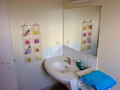 a bathroom with a sink and a mirror at Les Joncades - Maison de vacances in Saint-Gildas-de-Rhuys