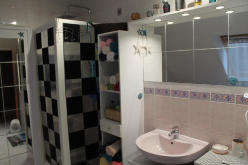 a bathroom with a sink and a mirror at Chambres d'Hôtes Les Mésanges in Saint-Martin-lez-Tatinghem