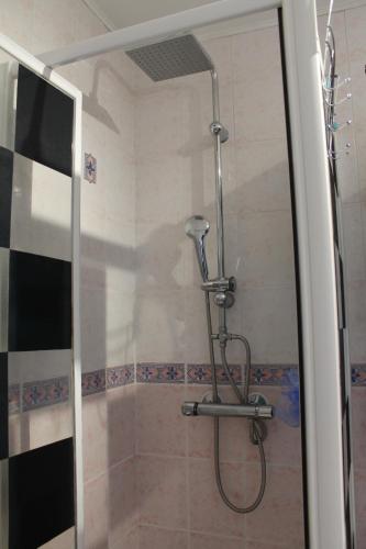 a shower with a shower head in a bathroom at Chambres d'Hôtes Les Mésanges in Saint-Martin-lez-Tatinghem