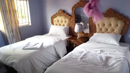 1 Schlafzimmer mit 2 Betten mit weißer Bettwäsche und lila Haaren in der Unterkunft Faigib Guest House in Chipata