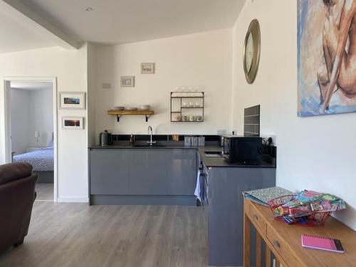 - une cuisine avec un évier et un comptoir dans l'établissement Sunny Nook, Pretty 1 bed modern cottage close to Woolacombe, à Ilfracombe