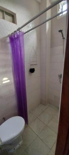 a bathroom with a toilet and a purple shower curtain at Busy Bee Apartments in Kololi