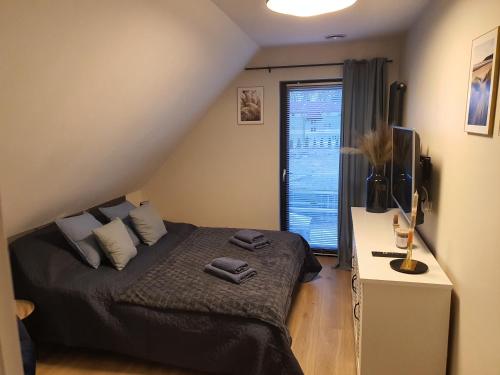 Postel nebo postele na pokoji v ubytování Lake HouseLubniewice domek całoroczny z jacuzzi blisko jeziora