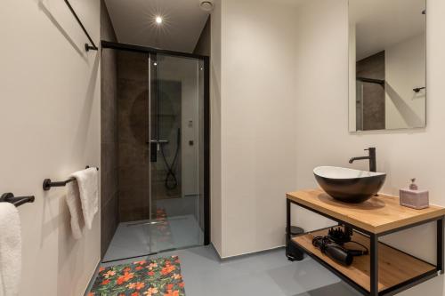 een badkamer met een wastafel en een douche bij Appartement Vista Maris, Havenweg 8-1, St. Annaland in Sint Annaland