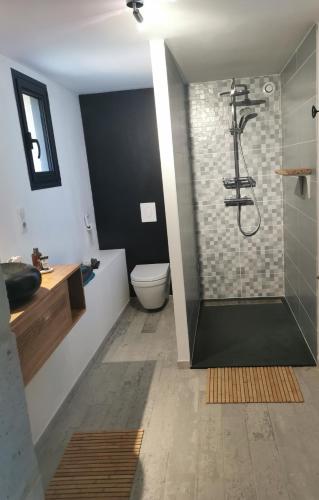 W łazience znajduje się prysznic, toaleta i umywalka. w obiekcie Le Pigeonnier de coupiac w mieście Gourdon