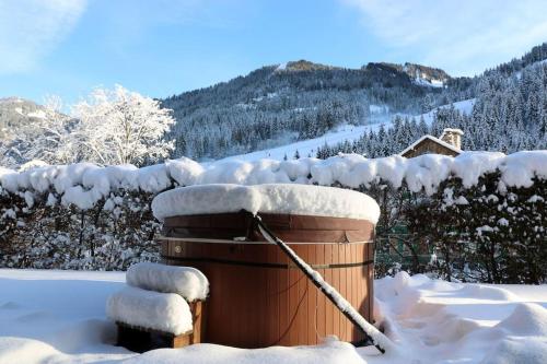 沙泰勒的住宿－Chalet de montagne style savoyard, vue sur pistes，雪覆盖的热水浴池,带拖车