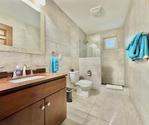 een badkamer met een toilet, een wastafel en een spiegel bij OASIS 1 Bedroom Apartment Simpson Bay in Simpson Bay