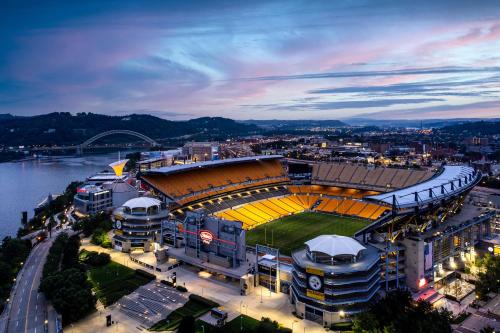 an aerial view of a soccer stadium at night at Hyatt Place Pittsburgh North Shore in Pittsburgh