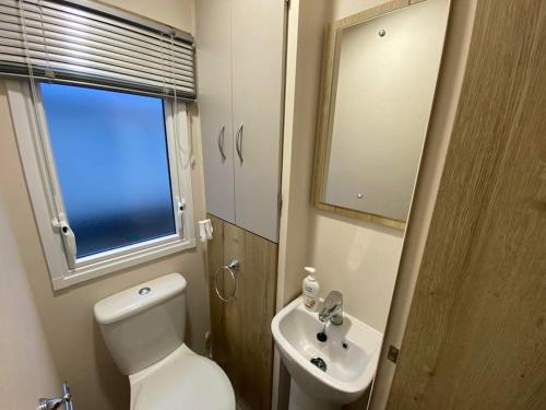 a bathroom with a toilet and a sink and a window at A family-friendly, eight birth, 2019 Abbey Trieste Caravan in Morecambe