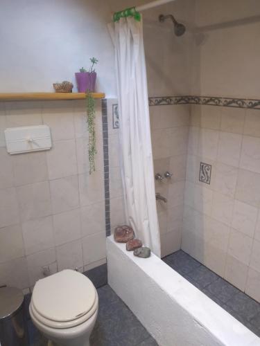 a bathroom with a toilet and a shower with a tub at Casa alma verde alegria in Luyaba