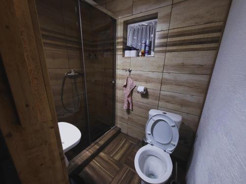 a small bathroom with a toilet and a shower at Chalupa M&P 2 in Ružomberok