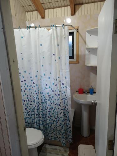 a bathroom with a shower curtain with a toilet and a sink at Cabañas Érica in Choshuenco