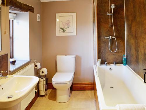 a bathroom with a toilet and a tub and a sink at Garden Cottage in Pooley Bridge