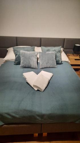 ein grünes Bett mit Kissen darüber in der Unterkunft Pokój 2-osobowy u Makosi in Bystrzyca Kłodzka