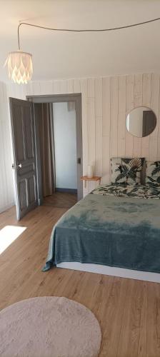 ein Schlafzimmer mit einem großen Bett und einer grünen Decke in der Unterkunft Petit appart' fait avec coeur in Aiglepierre