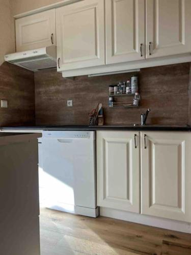 a kitchen with white cabinets and a white dishwasher at Cabane La Folie Douce in Hotton