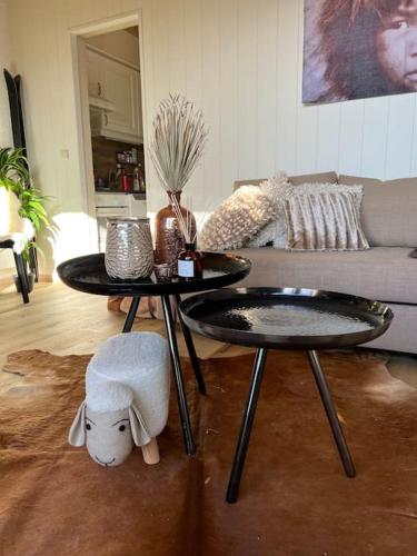 a living room with two tables and a couch at Cabane La Folie Douce in Hotton