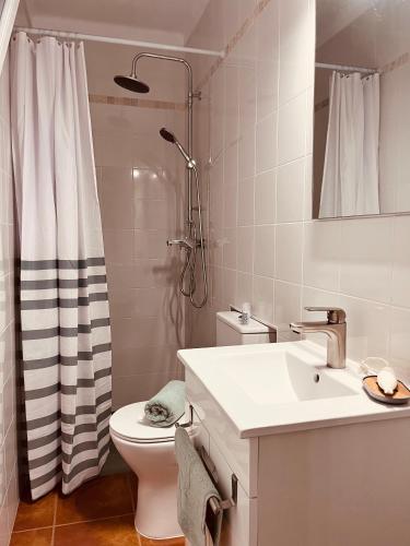 a bathroom with a sink and a toilet and a shower at Paraíso a Dois em Estremoz in Estremoz