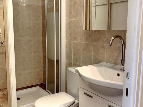 une salle de bain avec toilettes, lavabo et douche dans l'établissement Charmant T2 avec balcon, clim et animaux admis à Balaruc-les-Bains - FR-1-503-85, à Balaruc-les-Bains