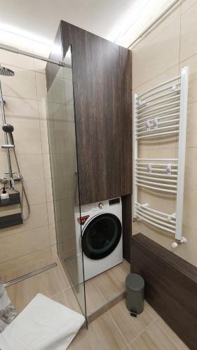 a bathroom with a washing machine in a room at Ivett Magánszálláshely-Garázzsal in Debrecen