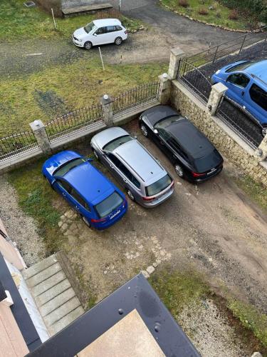 three cars parked in a parking lot next to a fence at Apartment Villa Frank in Mariánské Lázně
