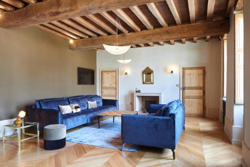 a living room with blue furniture and a wooden ceiling at Maison Laroze in Gevrey-Chambertin