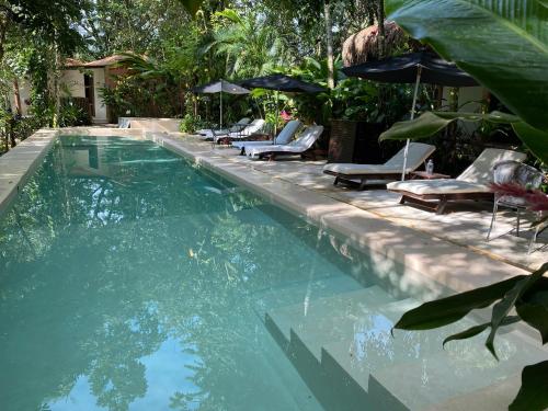 a swimming pool with lounge chairs and umbrellas in a yard at Piedra de Agua Palenque in Palenque