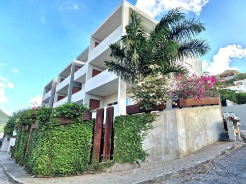 a white building with a palm tree in front of it at OASIS Penthouse with private garden & shared pool in Koolbaai