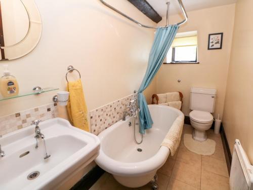 a bathroom with a sink and a tub and a toilet at Harry Eyre Cottage in Castleton