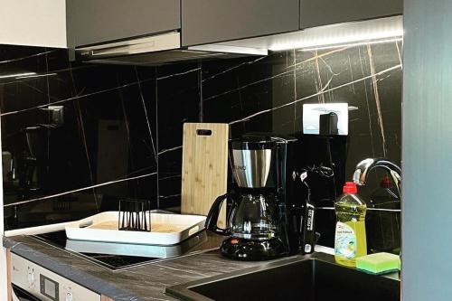 a kitchen counter with a blender on top of a sink at Thalassa Apartment in Nea Peramos