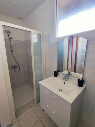 une salle de bain avec un lavabo blanc et une douche dans l'établissement T3 au pied des Pyrénées, à Pointis-de-Rivière