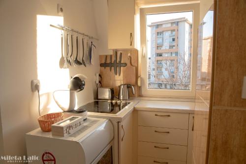 cocina pequeña con fogones y ventana en Sunny 412 apartment en Podgorica