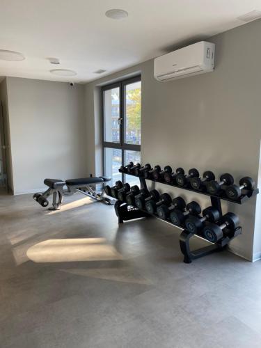 a gym with a row of dumbbells on a wall at Relax Planet in Rewal