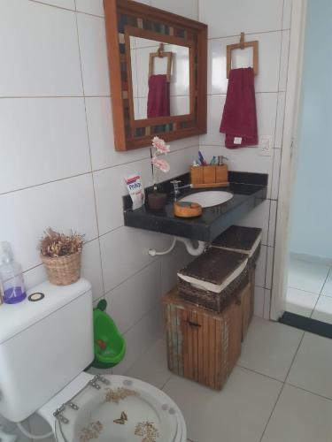 a bathroom with a sink and a toilet and a mirror at Chalé das Conchas in Cabo Frio