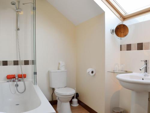 a bathroom with a toilet and a sink and a shower at Ash Tree Cottage in Gillamoor