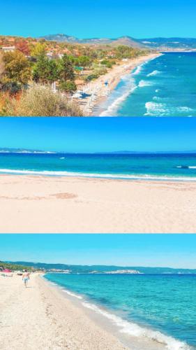 two pictures of a beach with the ocean and the shore at Bella Mare Villa Sithonia in Akti Salonikiou
