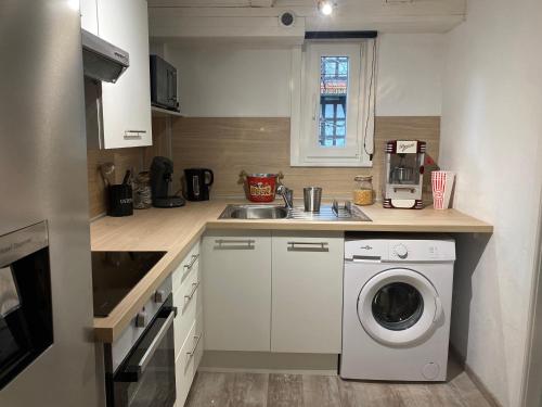 une cuisine avec une machine à laver et un évier dans l'établissement Le cinéma, à Soultz-sous-Forêts