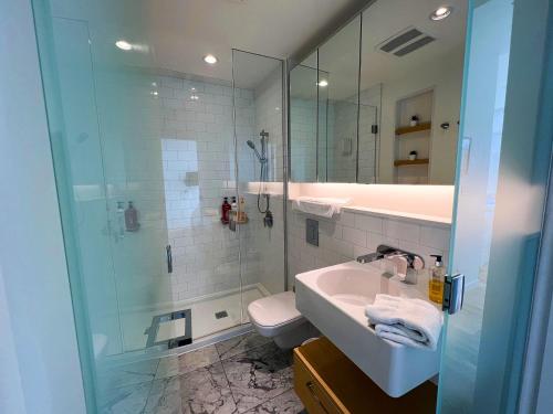 ein Bad mit einem Waschbecken, einer Dusche und einem WC in der Unterkunft Janion Oasis by IRIS PROPERTIES! in Victoria