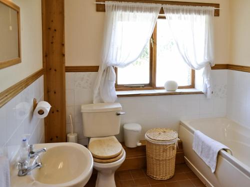 a bathroom with a toilet and a sink and a tub at The Paddock in Saint Hilary