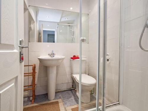 a bathroom with a toilet and a sink and a shower at Biggan Mews in York