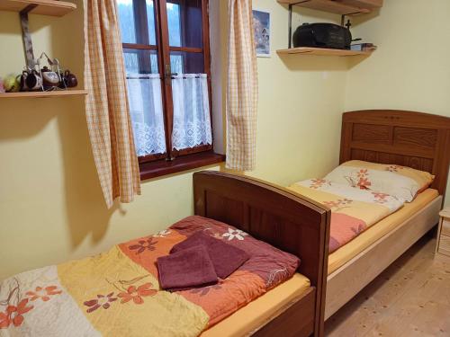 1 dormitorio con 2 camas y ventana en Frantiskov 17 en Rokytnice nad Jizerou