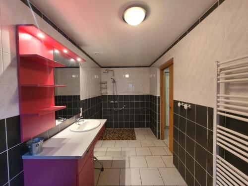 a bathroom with a sink and a shower at Gîte spacieux avec terrasse, confort moderne dans un cadre verdoyant et propice aux balades. - FR-1-589-79 in Bains-les-Bains