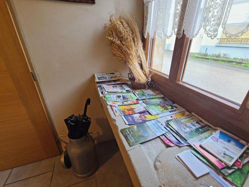 a counter with books on it next to a window at Gîte spacieux avec terrasse, confort moderne dans un cadre verdoyant et propice aux balades. - FR-1-589-79 in Bains-les-Bains