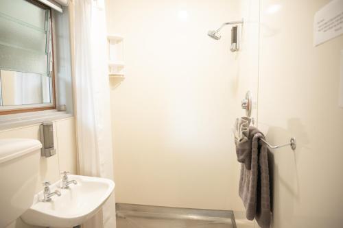 a bathroom with a sink and a toilet and a shower at Tarawera River Lodge Motel in Kawerau