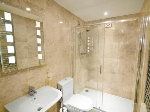 uma casa de banho com um chuveiro, um WC e um lavatório. em Beacon Cottage - E5463 em Wainfleet All Saints