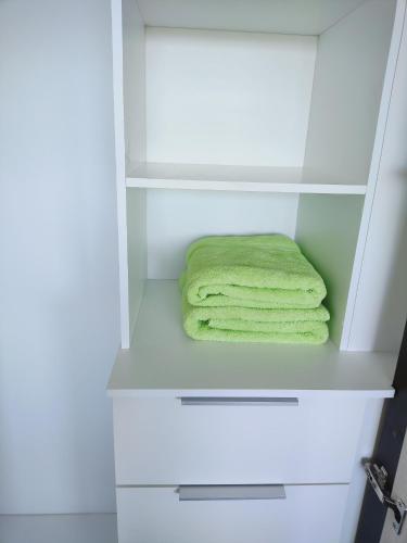 Un armario blanco con una toalla verde. en Departamento estudio3 IslaTeja en Valdivia
